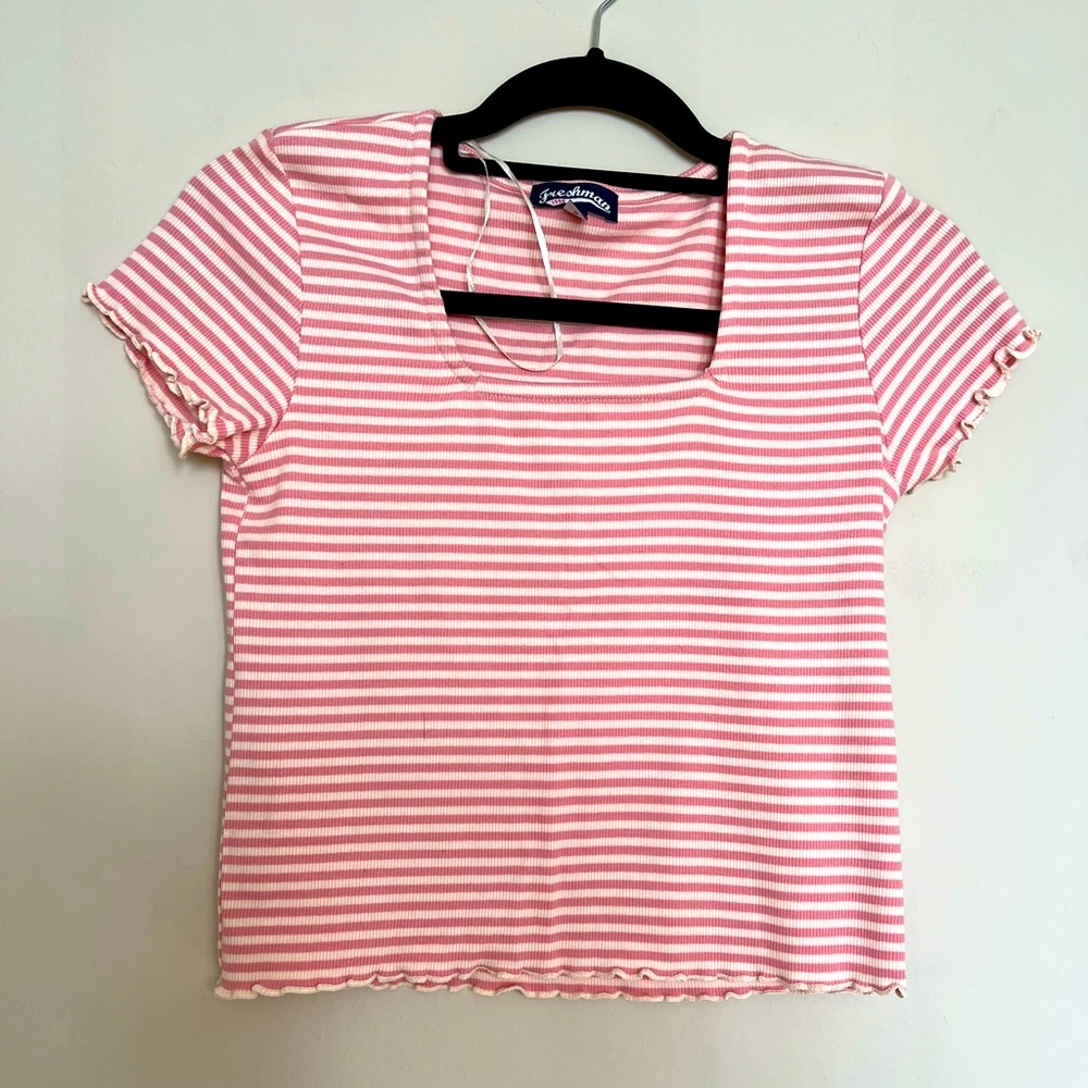 Freshman pink and white striped shirt. Size Small. Crop top. Ruffled edges. NWOT